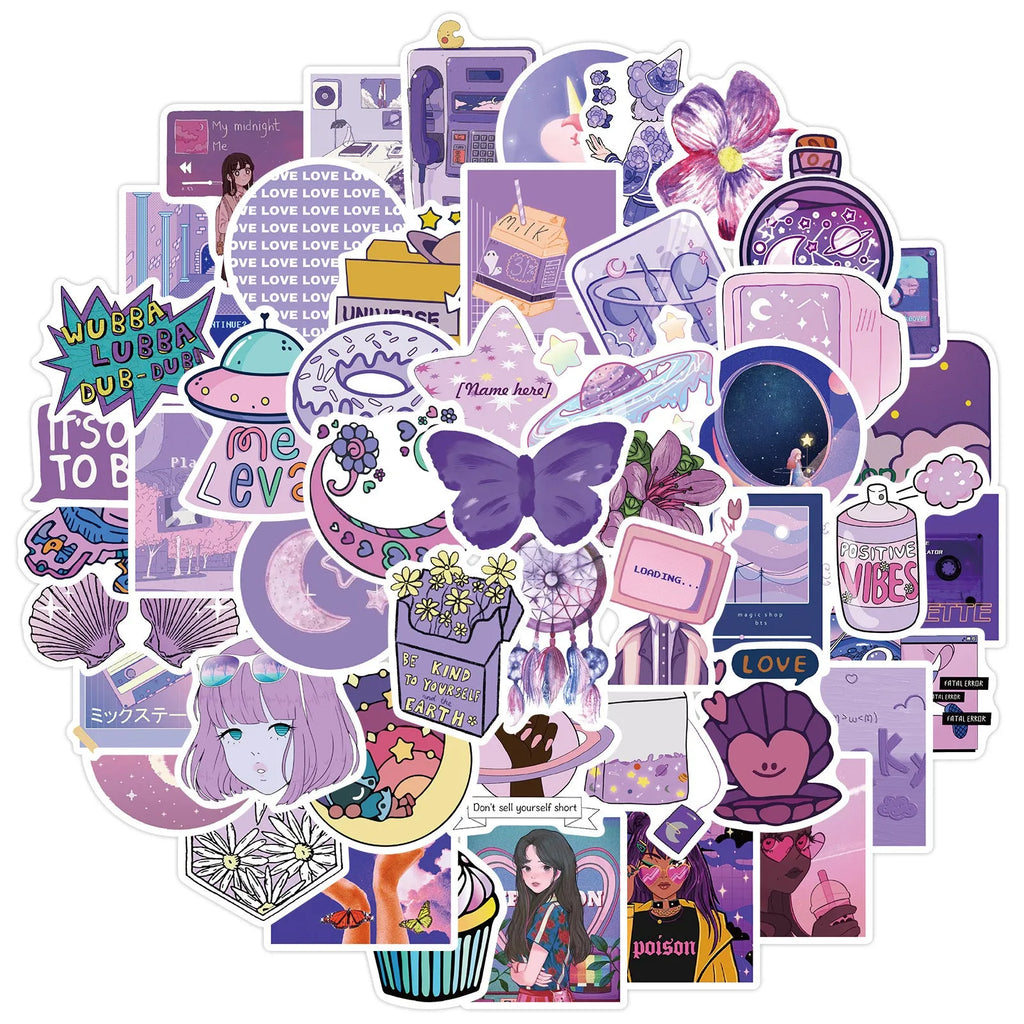 Purple girl graffiti stickers on luggage with colourful cartoon skin design, 50 decals 4-6cm