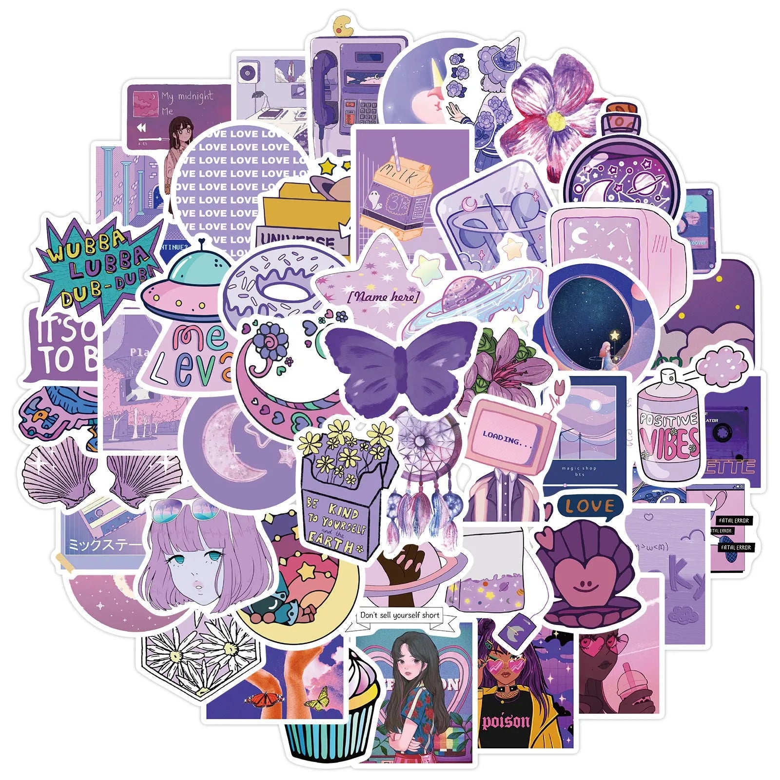 Purple girl graffiti stickers on luggage with colourful cartoon skin design, 50 decals 4-6cm
