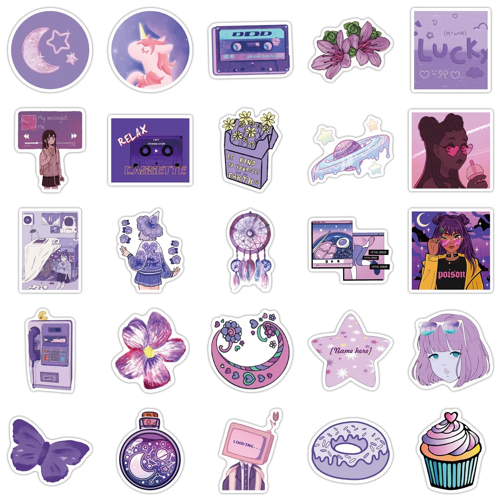 Purple girl graffiti stickers on luggage with colourful cartoon skin design, 50 decals 4-6cm
