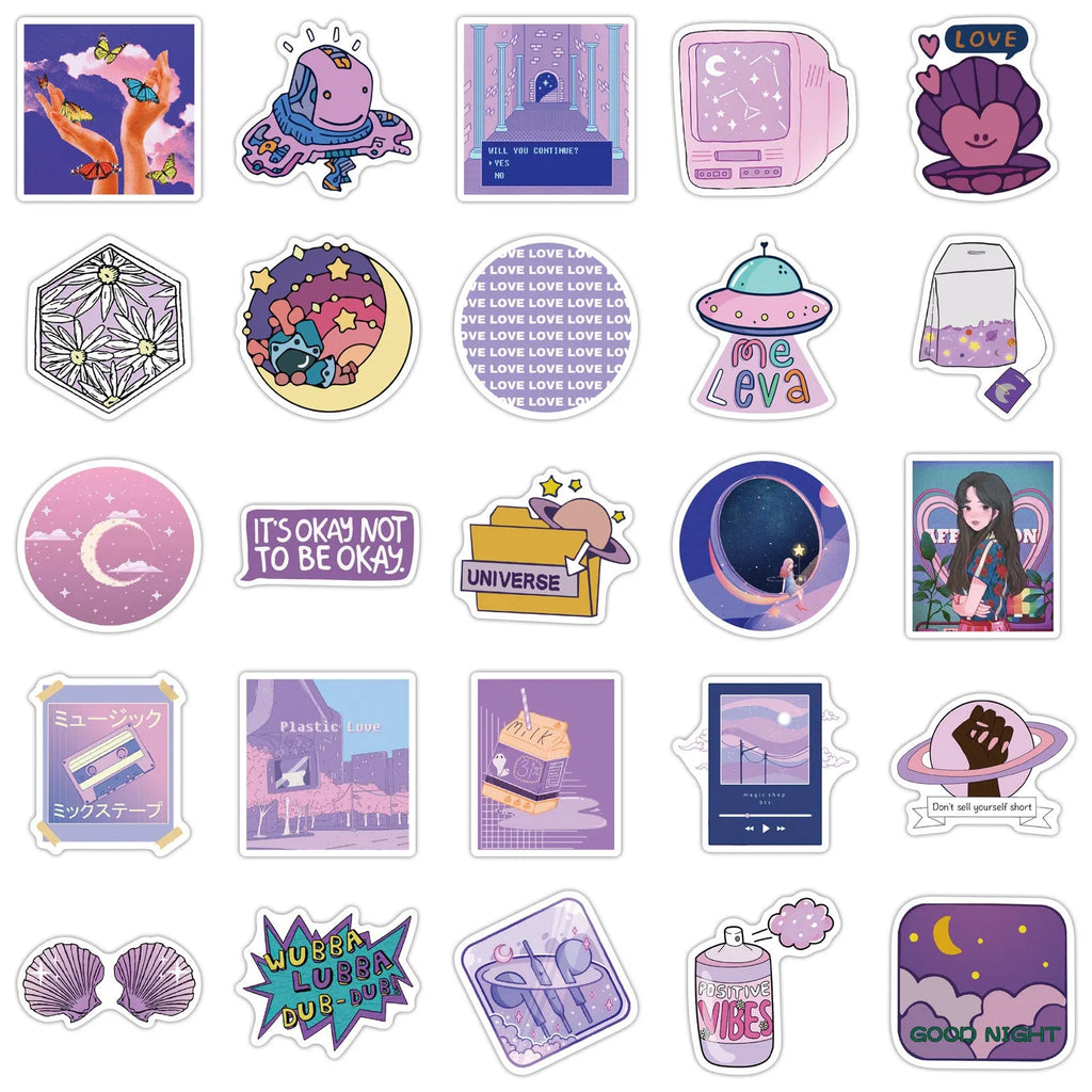 Purple girl graffiti stickers on luggage with colourful cartoon skin design, 50 decals 4-6cm