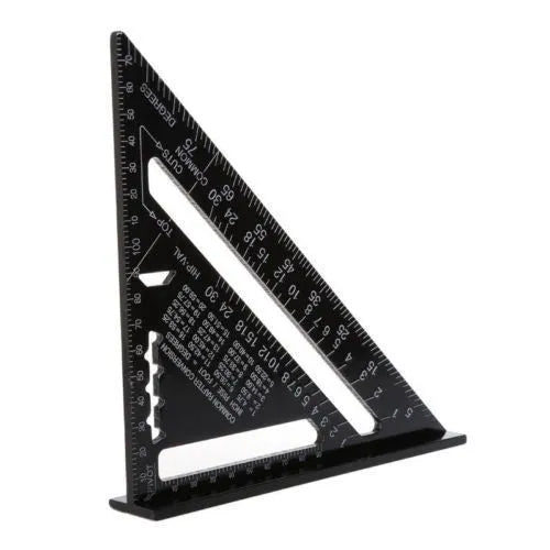 Black aluminium alloy triangle square ruler showing 90-degree and 45-degree angles with metric graduations