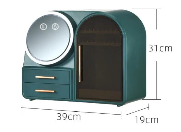 Plastic cosmetics storage rack with LED mirror and fan in milky white colour, 35L capacity for makeup organisation