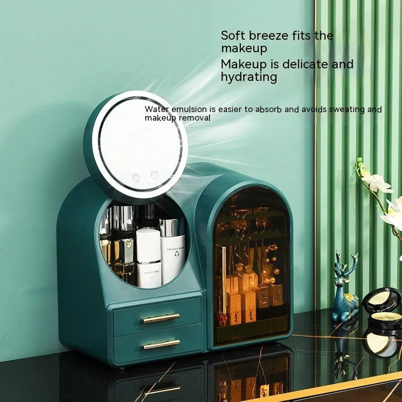 Plastic cosmetics storage rack with LED mirror and fan in milky white colour, 35L capacity for makeup organisation