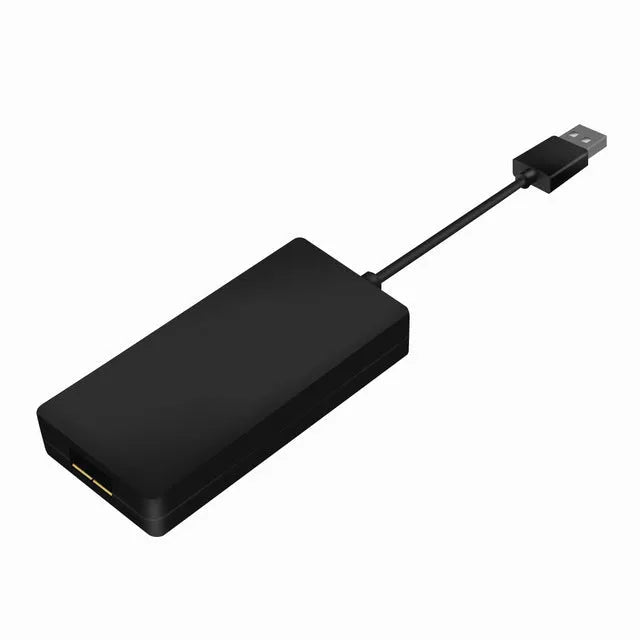 Black wireless CarPlay USB dongle for connecting iPhone to Android car stereo.
