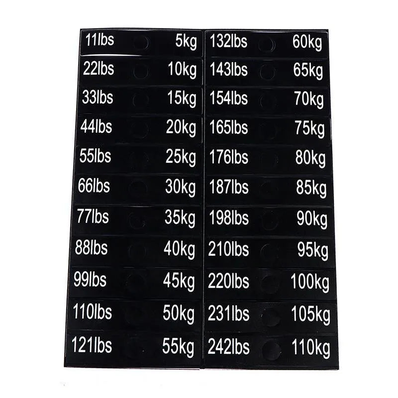 Set of gym equipment weight sticker labels with bolt holes, 90x20mm, covering 5-100kg