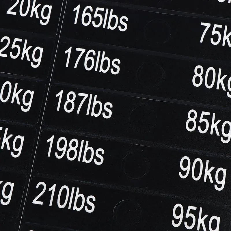 Set of gym equipment weight sticker labels with bolt holes, 90x20mm, covering 5-100kg
