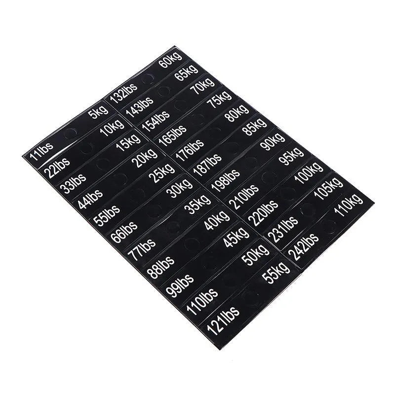 Set of gym equipment weight sticker labels with bolt holes, 90x20mm, covering 5-100kg