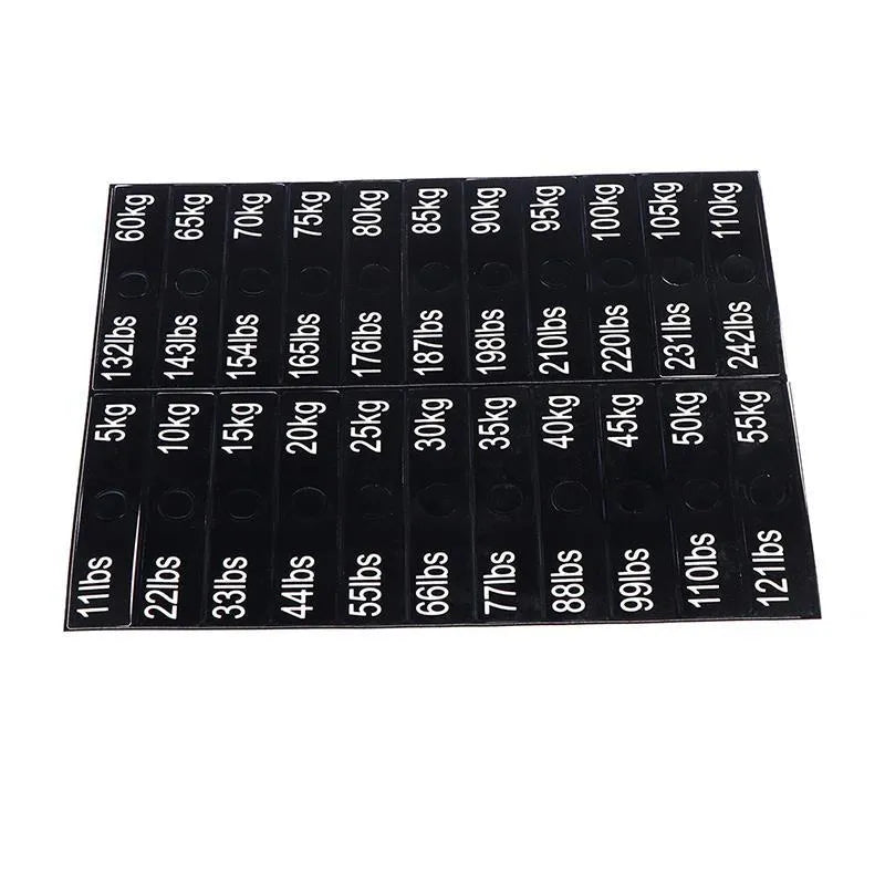 Set of gym equipment weight sticker labels with bolt holes, 90x20mm, covering 5-100kg