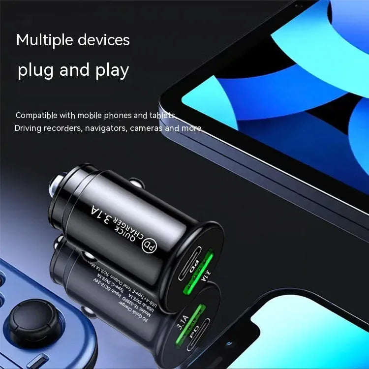 Dual port car charger converter with USB ports in black bare metal finish
