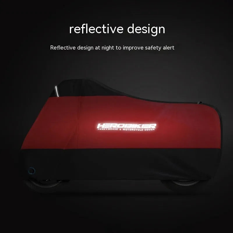 Black polyester motorcycle rain cover with anti-theft features shown fitted on a bike