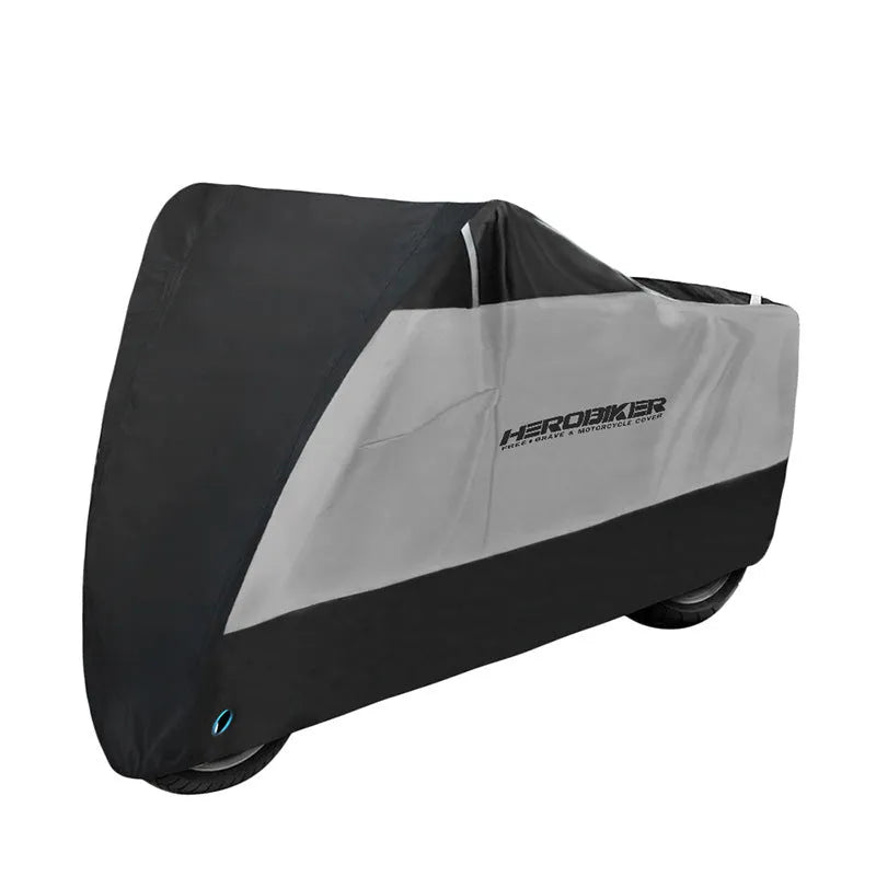 Black polyester motorcycle rain cover with anti-theft features shown fitted on a bike