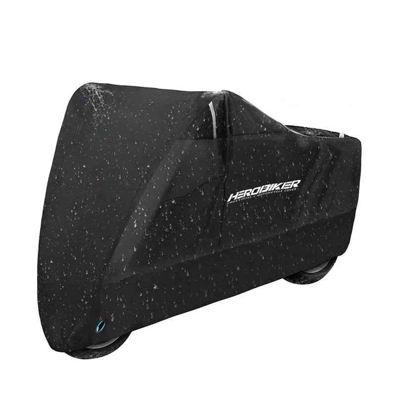 Black polyester motorcycle rain cover with anti-theft features shown fitted on a bike
