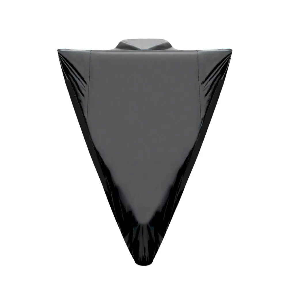 Black polyester motorcycle rain cover with anti-theft features shown fitted on a bike