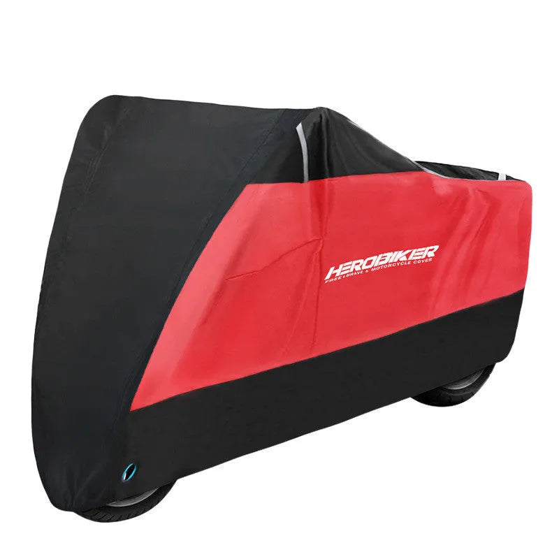 Black polyester motorcycle rain cover with anti-theft features shown fitted on a bike