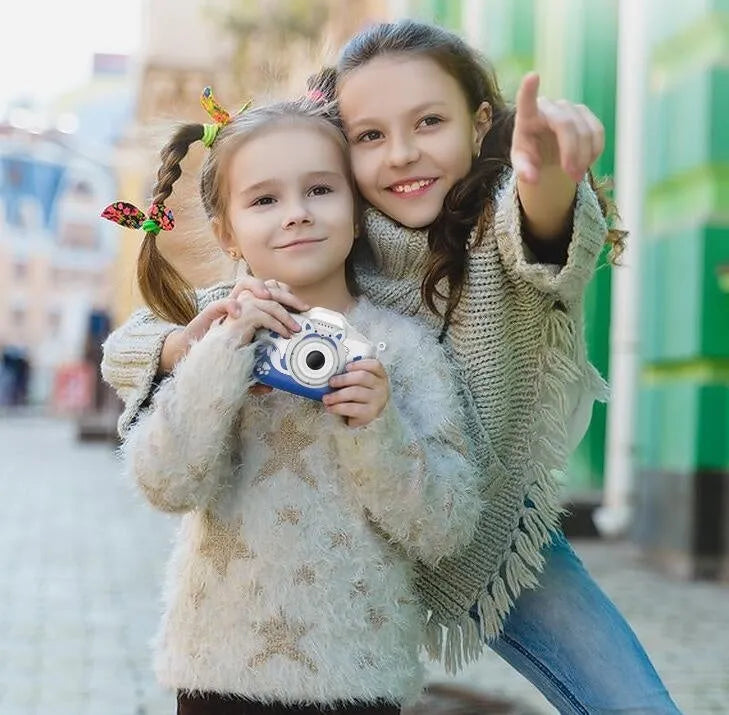 Blue and orange children's digital camera with games and filters on ABS plastic body