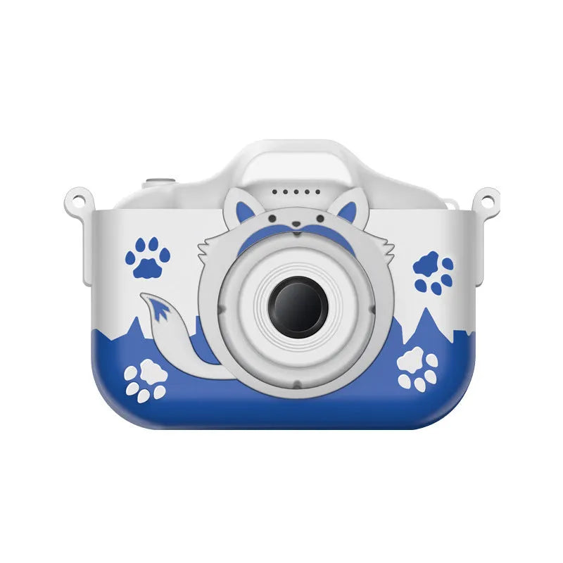 Blue and orange children's digital camera with games and filters on ABS plastic body