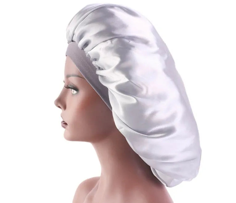 Beauty print satin silk bonnet sleep night cap with polyester spandex in black pattern