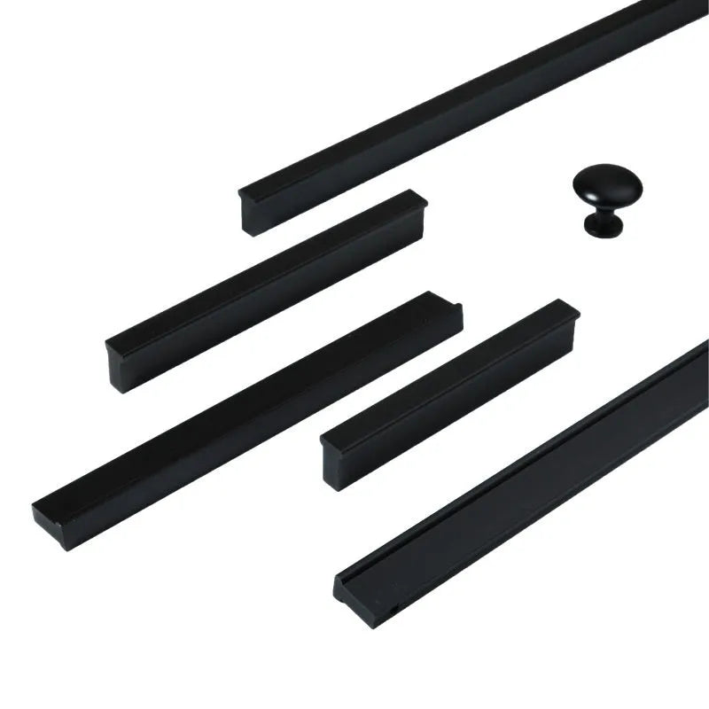 Aluminium alloy T-bar cabinet door handle in black anodic oxidation finish with screw holes visible