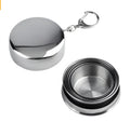 Silver stainless steel collapsible travel cup with key ring, folded and expanded views