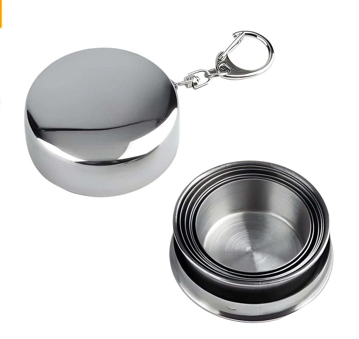 Silver stainless steel collapsible travel cup with key ring, folded and expanded views