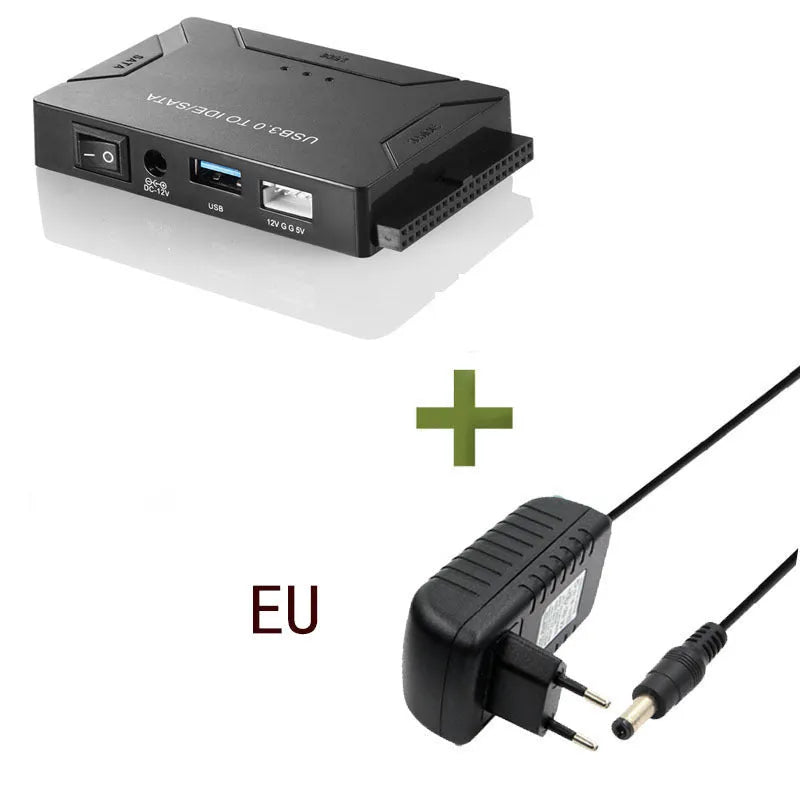 USB 3.0 to IDE and SATA hard disk adapter with power supply and cables for desktop drive connectivity