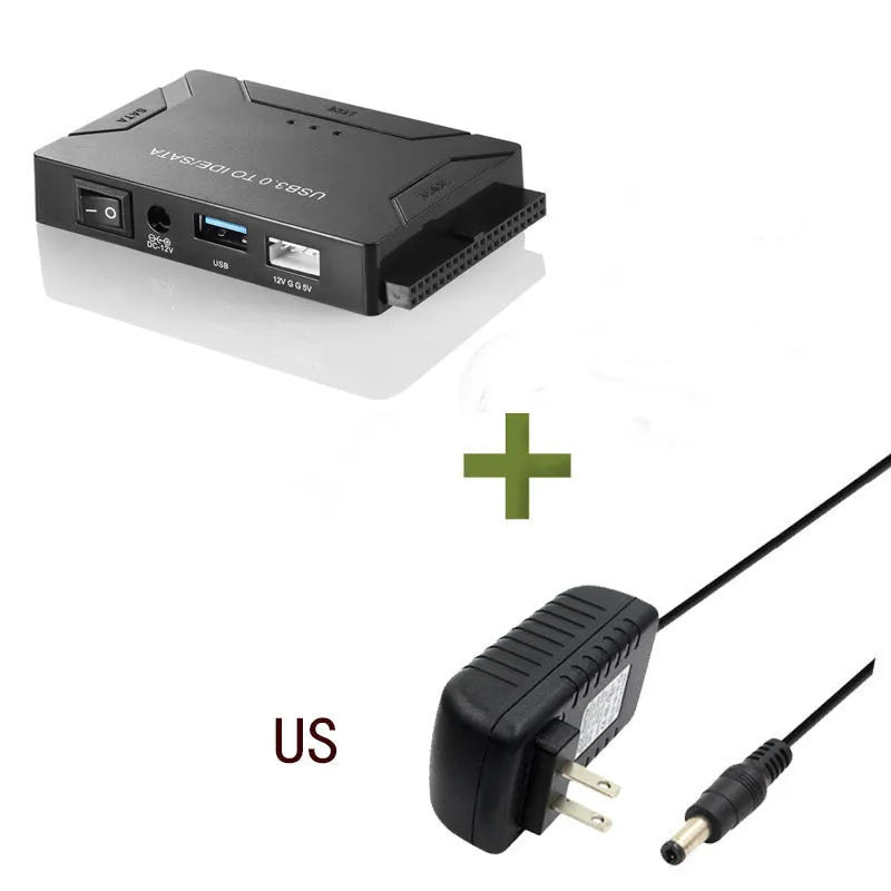 USB 3.0 to IDE and SATA hard disk adapter with power supply and cables for desktop drive connectivity
