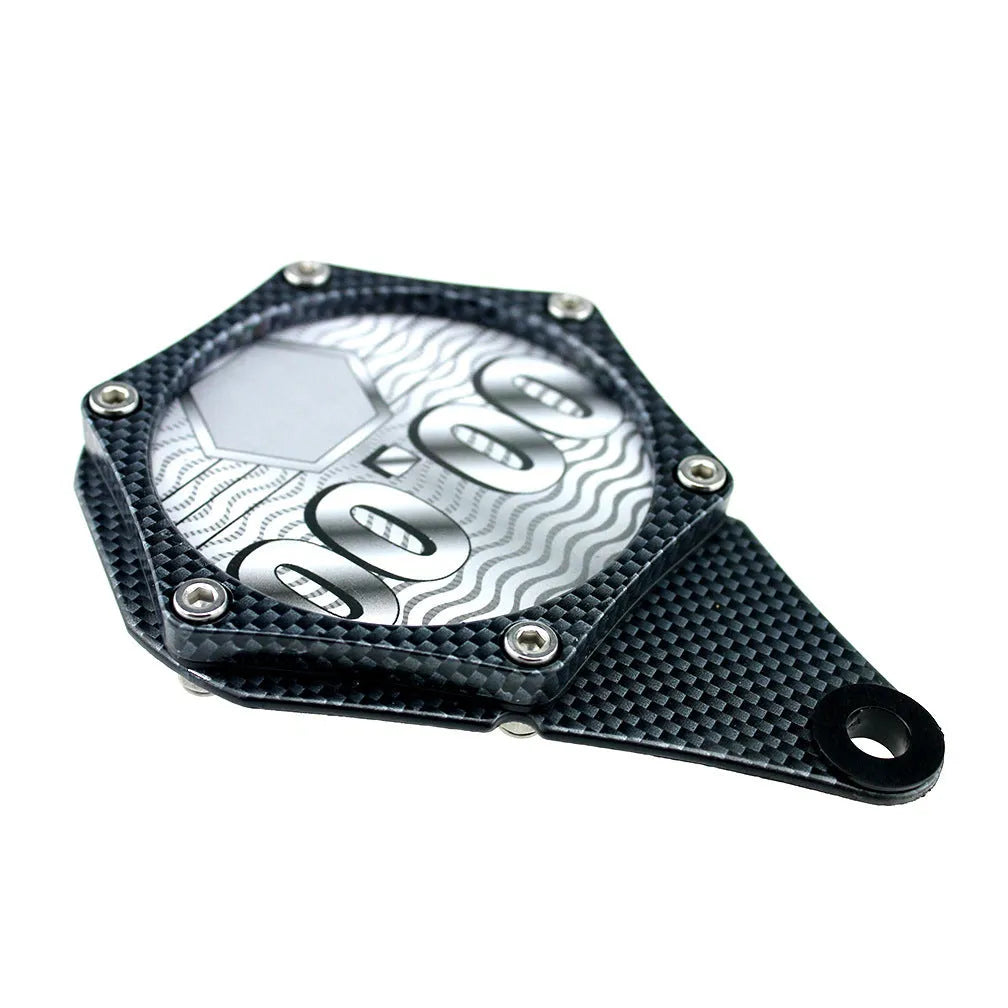 Black carbon fibre pattern motorcycle tax disc holder with metal aluminium alloy construction