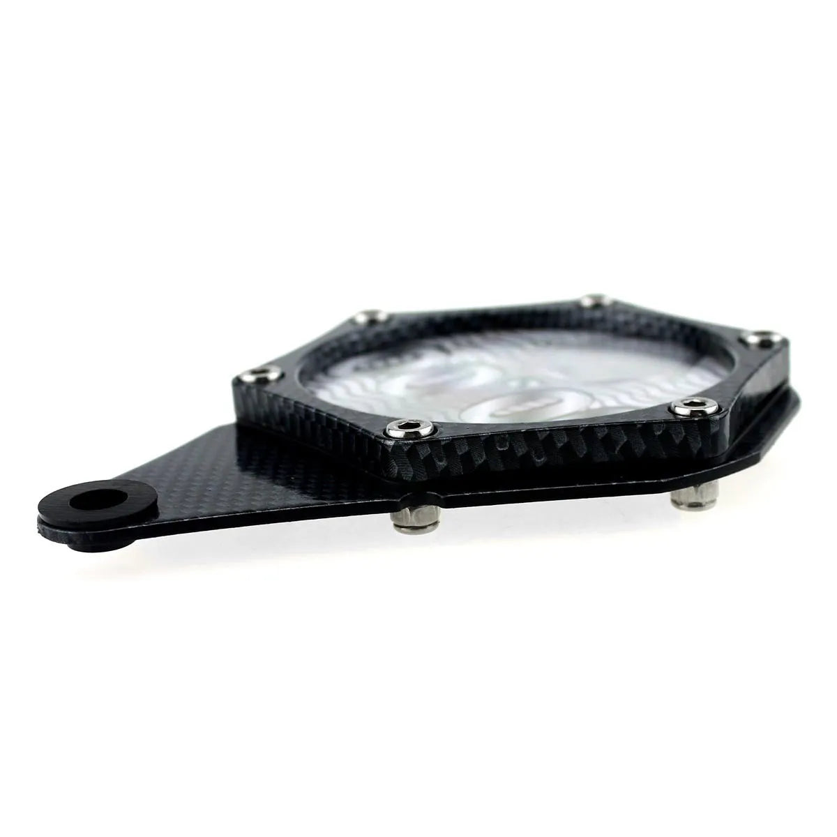 Black carbon fibre pattern motorcycle tax disc holder with metal aluminium alloy construction
