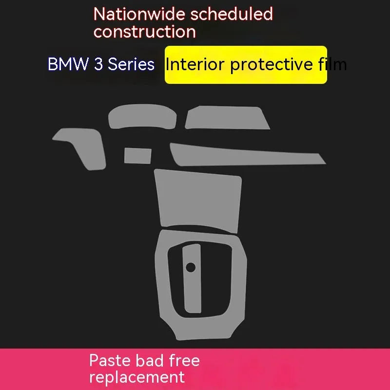 Transparent TPU interior protection film kit for BMW 3 Series dashboard and centre console.