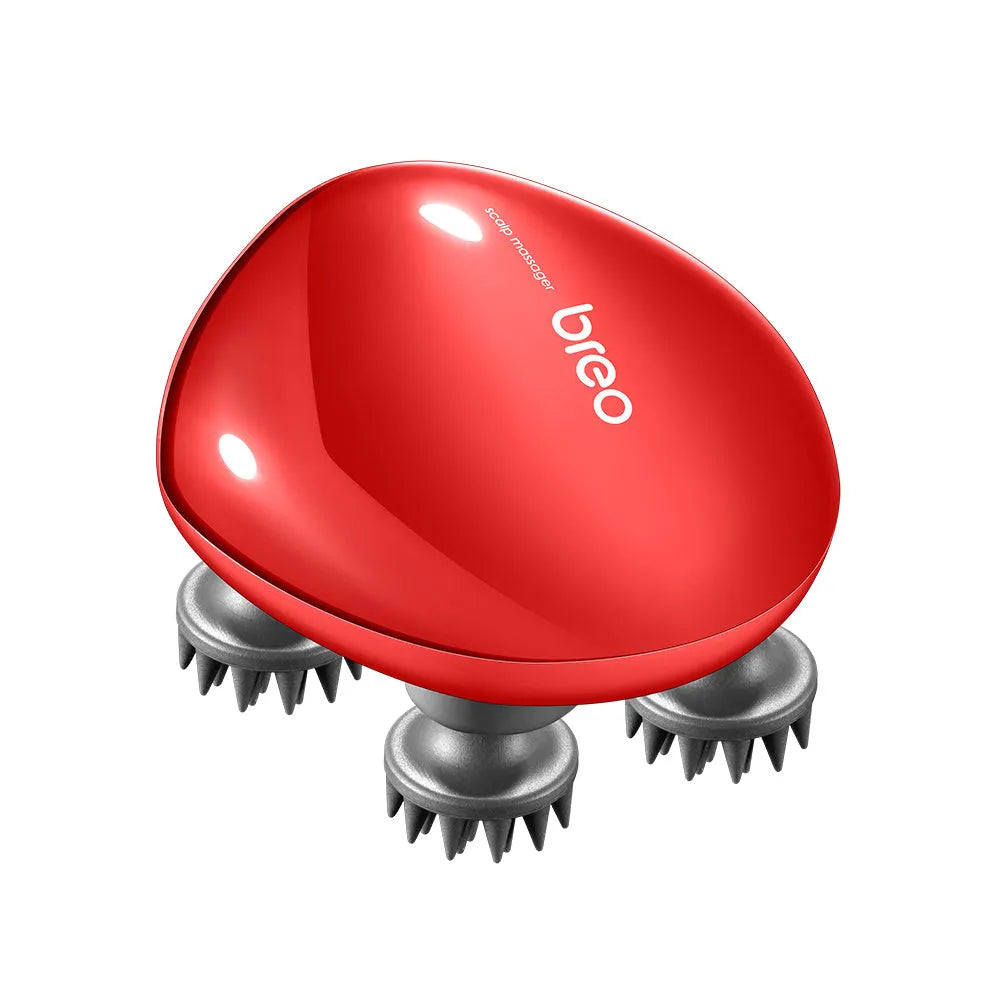 Red electric scalp massager with silicone vibration heads showing 110mm x 120mm x 82mm dimensions