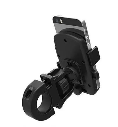 Black ABS plastic bicycle phone holder with a secondary securing rope for a mobile phone.