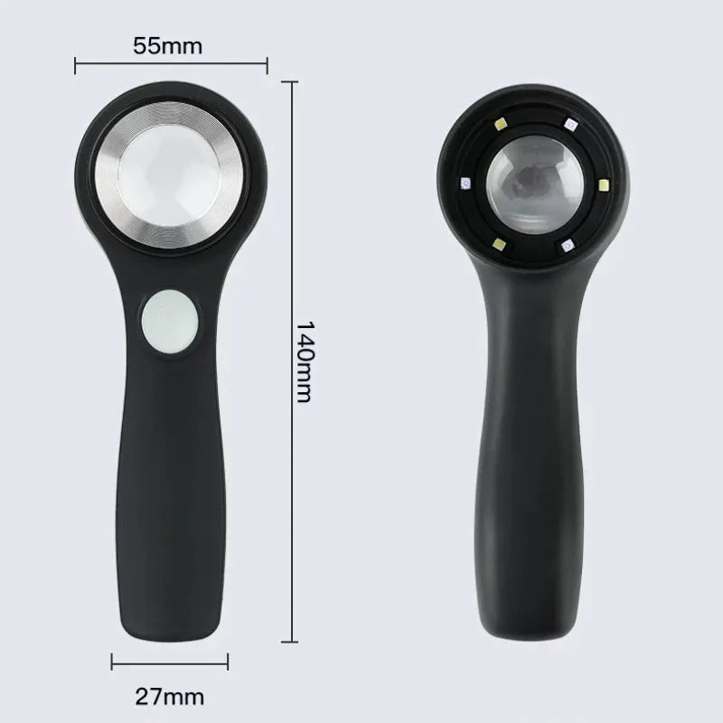 Black or silver rechargeable magnifying glass with optical glass lens and USB-C cable for appraisal work.