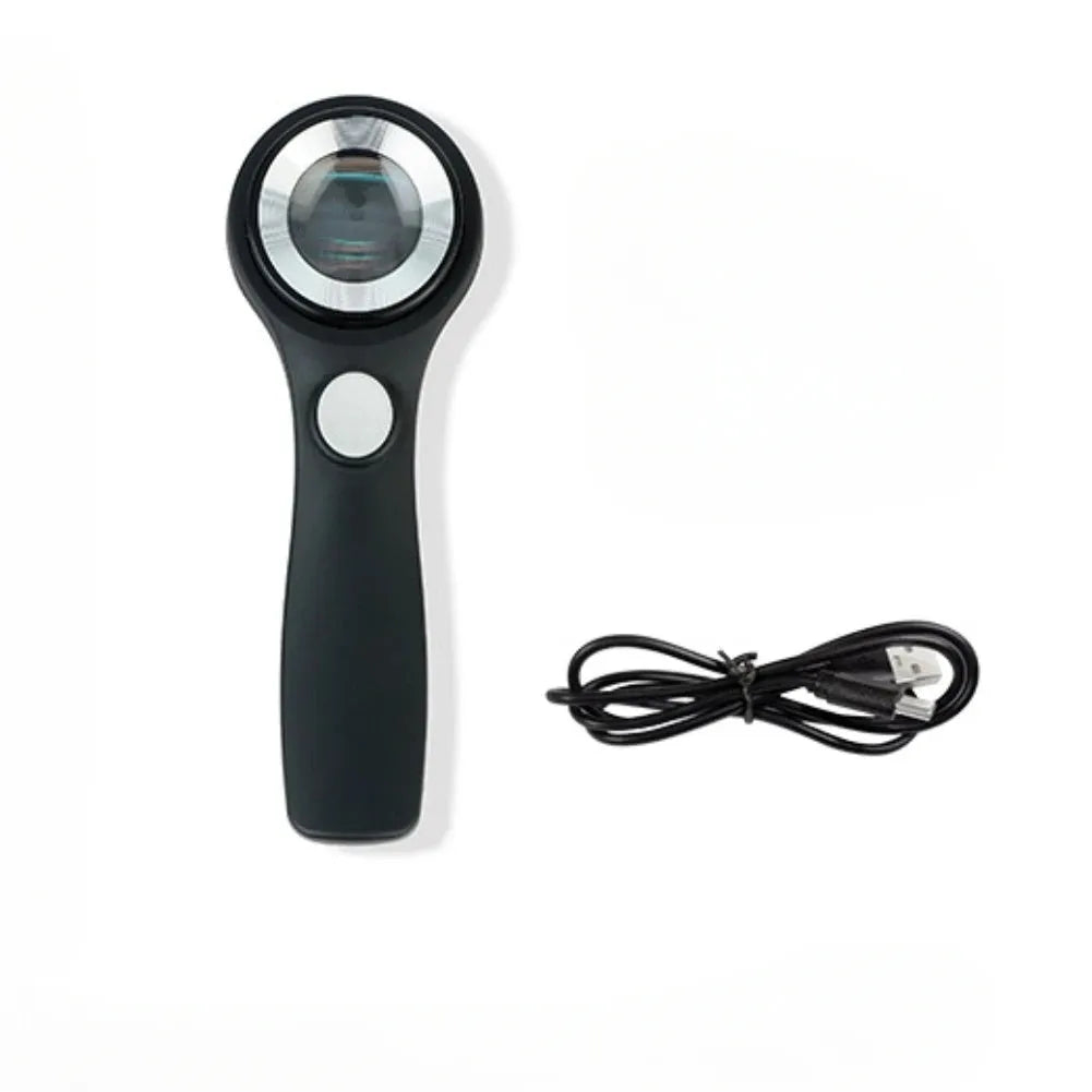 Black or silver rechargeable magnifying glass with optical glass lens and USB-C cable for appraisal work.