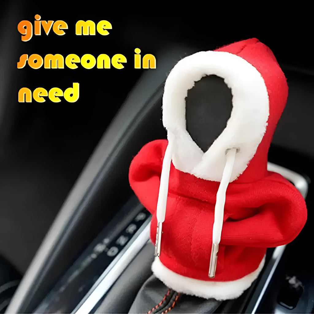 Polyester car gear lever hooded cover in red and white colour scheme measuring 12x13cm