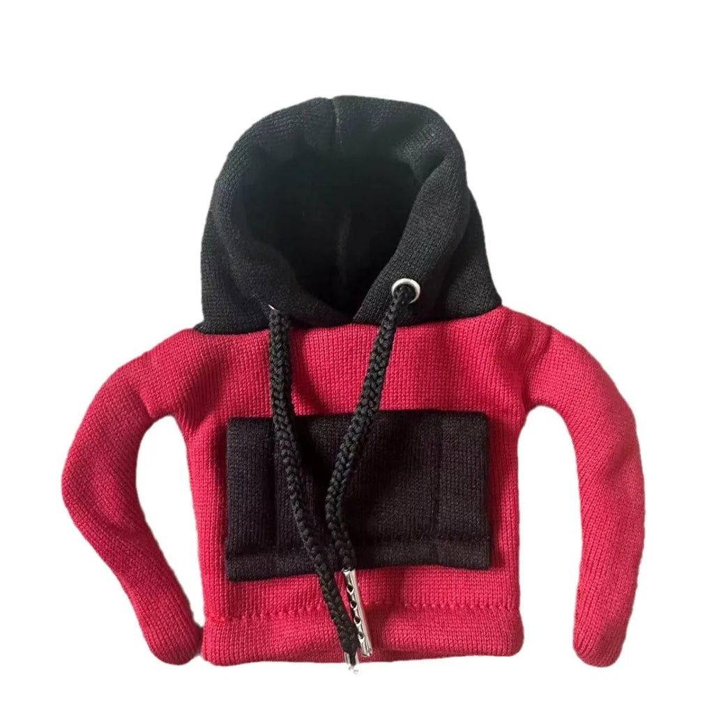 Polyester car gear lever hooded cover in red and white colour scheme measuring 12x13cm