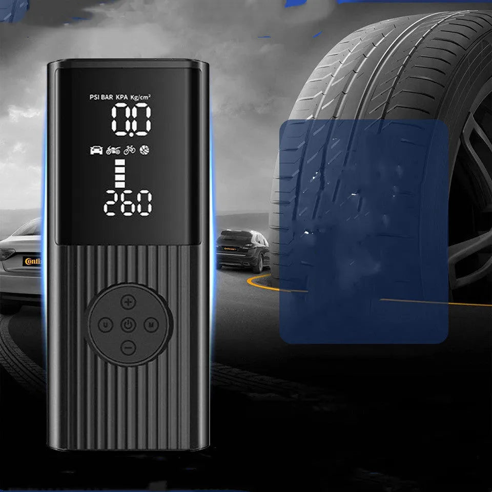 Wireless car tyre air compressor with digital display, lighting function, and multiple air nozzles