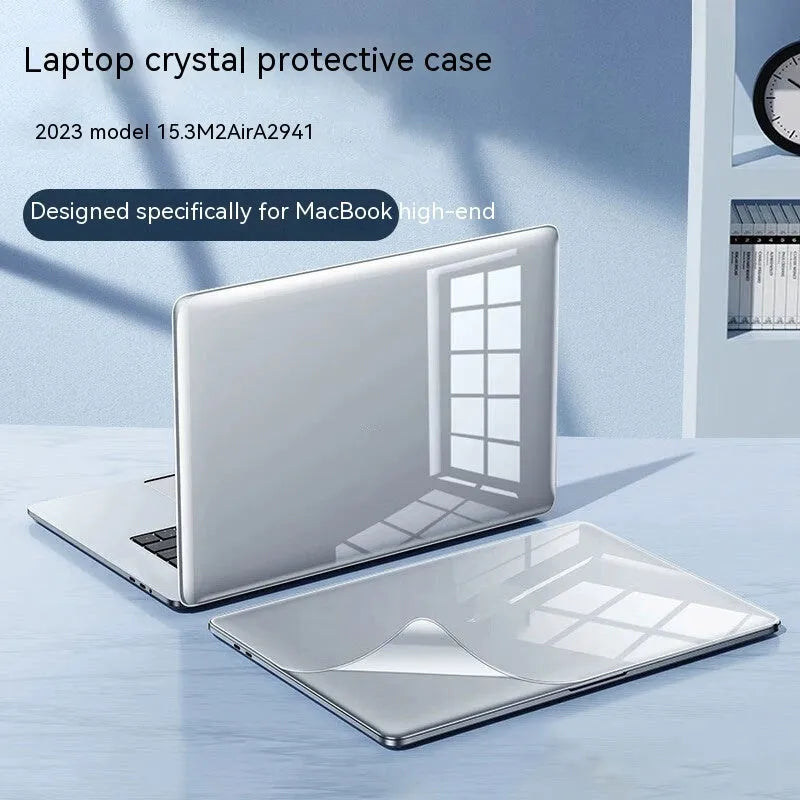 MacBook protective case with drop-resistant design shown on Apple laptop in crystal transparent finish