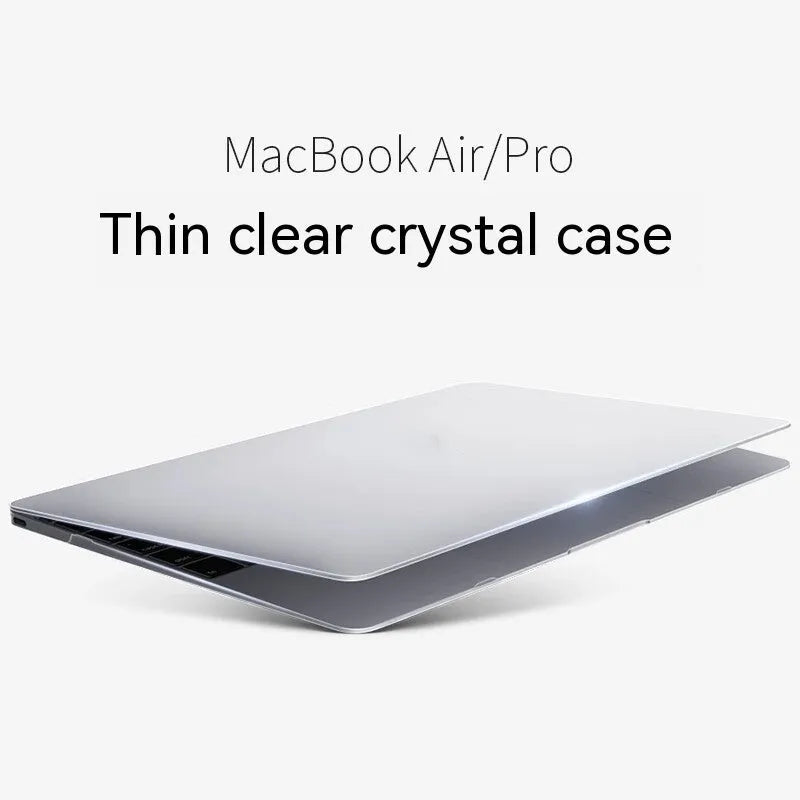 MacBook protective case with drop-resistant design shown on Apple laptop in crystal transparent finish