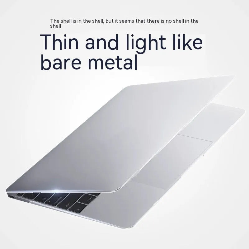 MacBook protective case with drop-resistant design shown on Apple laptop in crystal transparent finish