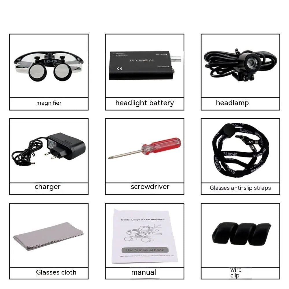Black head-mounted dental magnifying glasses with large lenses and a separate LED headlight attached to the frame.