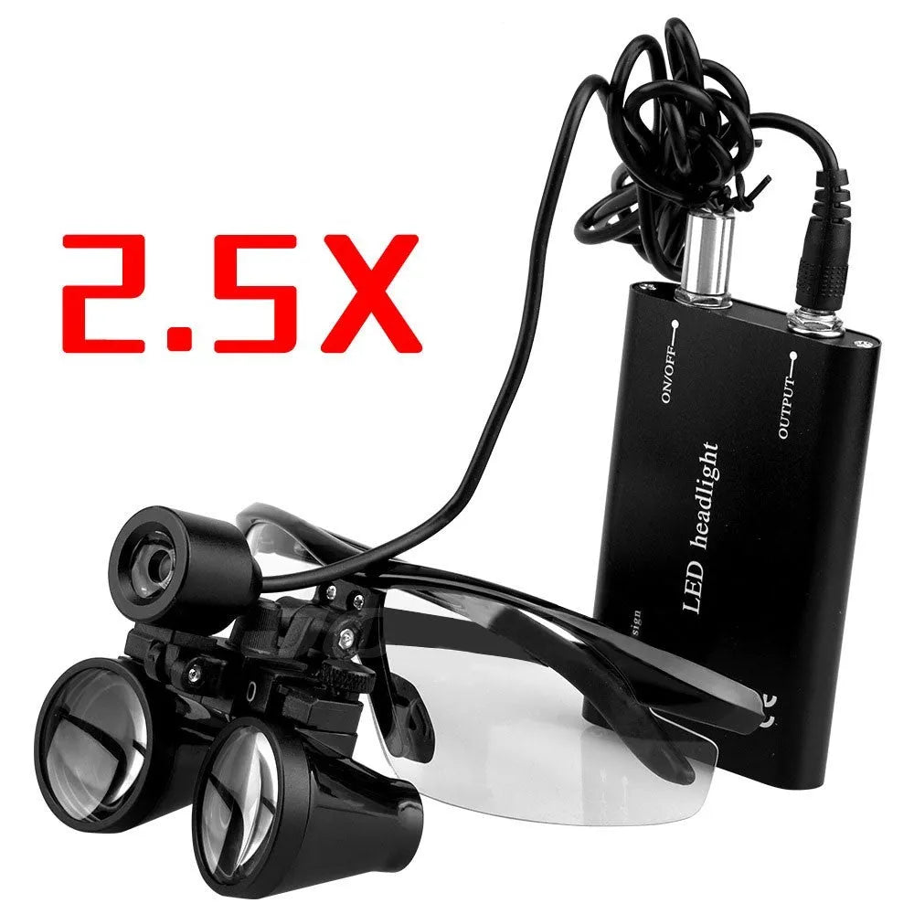 Black head-mounted dental magnifying glasses with large lenses and a separate LED headlight attached to the frame.