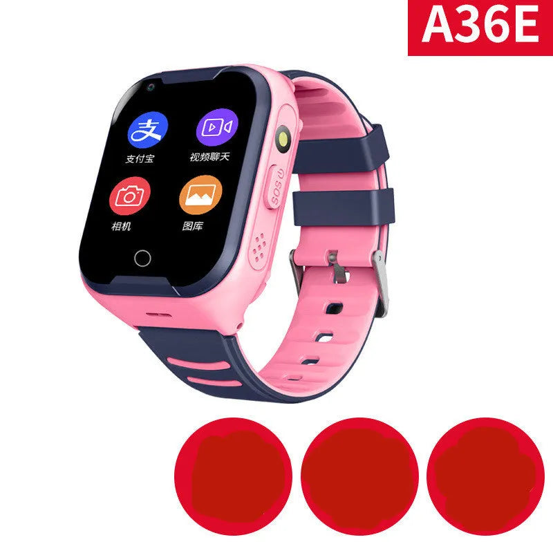 Blue children's smart watch with a silicone strap showing a video call screen and GPS location map.
