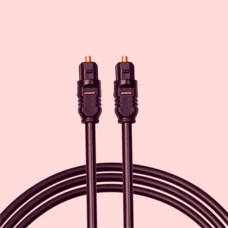 Black Toslink digital optical audio cable with square mouth connectors showing 2 metre length