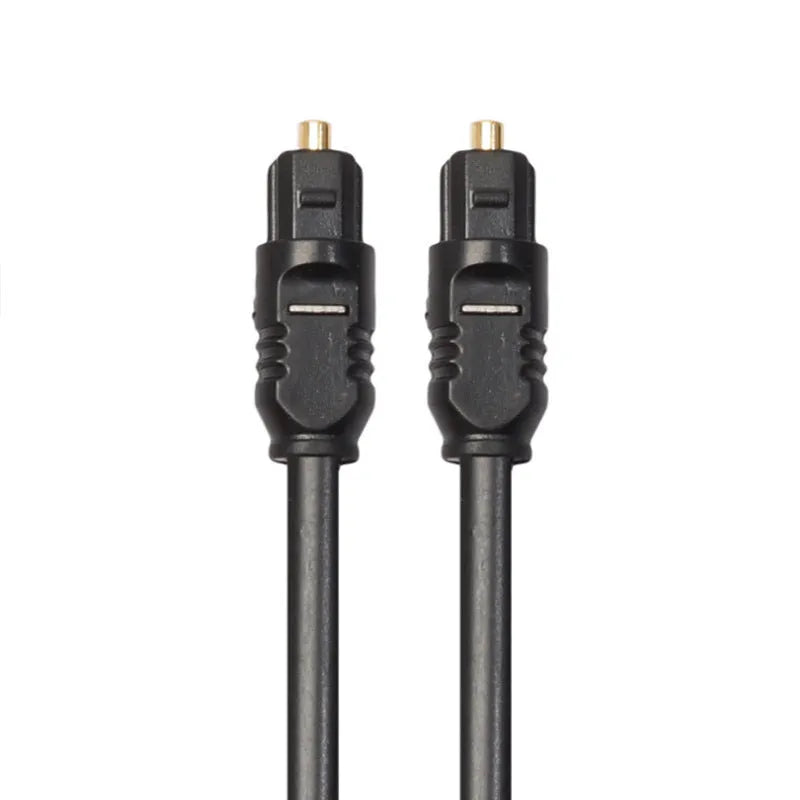 Black Toslink digital optical audio cable with square mouth connectors showing 2 metre length