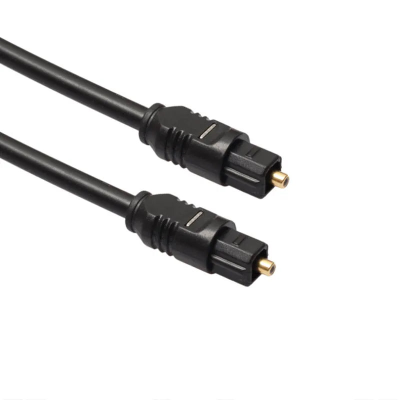 Black Toslink digital optical audio cable with square mouth connectors showing 2 metre length