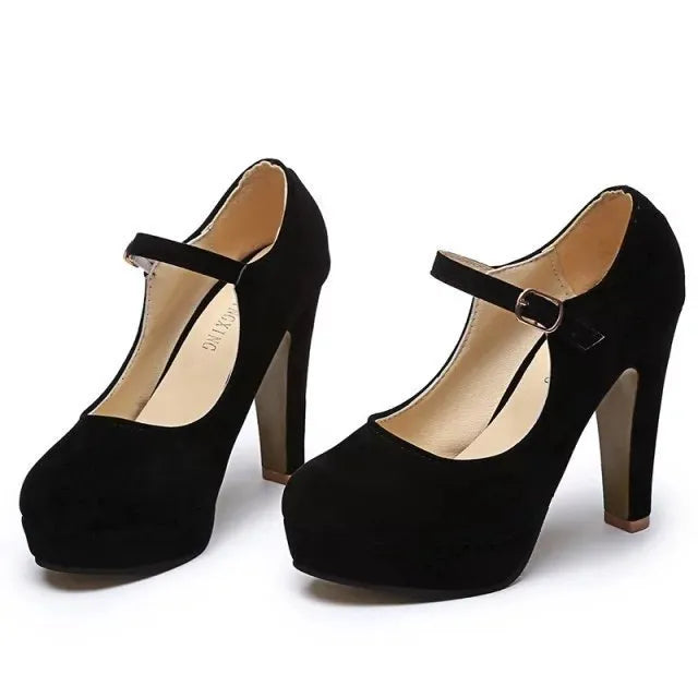 Black buckle Mary Jane high heel shoes with chunky heel and rubber sole, super high heel above 8cm