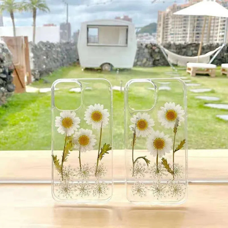 White TPU phone case with epoxy daisy floral design for iPhone XR to 13 series
