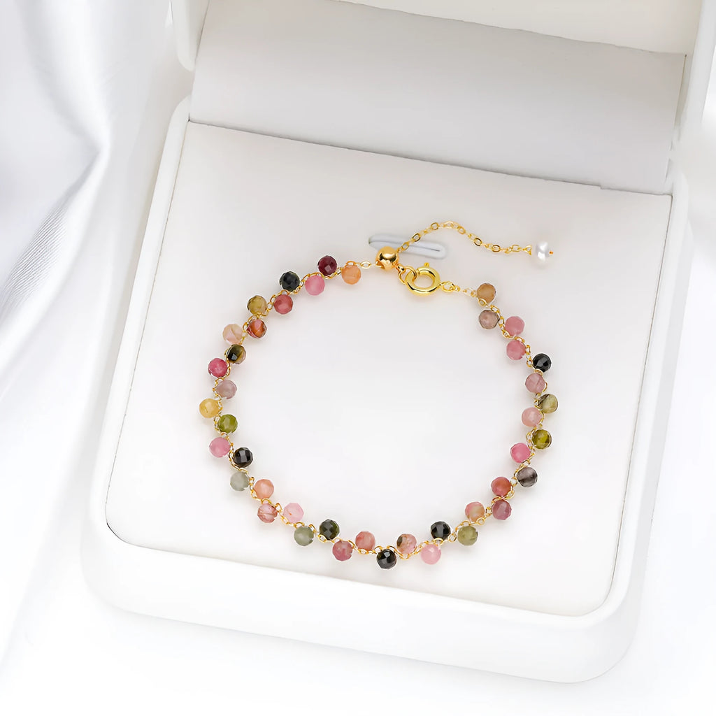 Hand-woven natural stone bracelet with tourmaline, amethyst, lapis lazuli and other crystal beads, adjustable fit