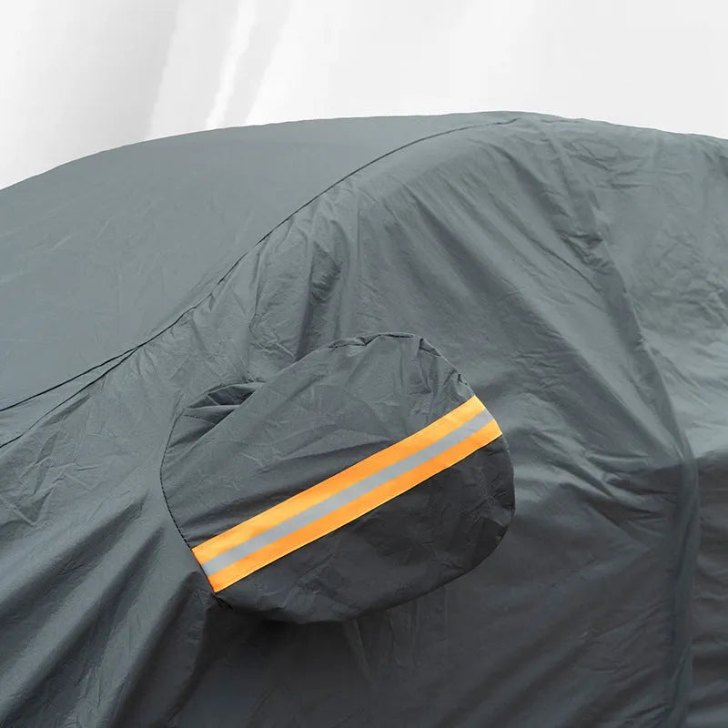 Grey PVC chemical fibre car cover for Volkswagen vehicles showing rainproof and sun protection features
