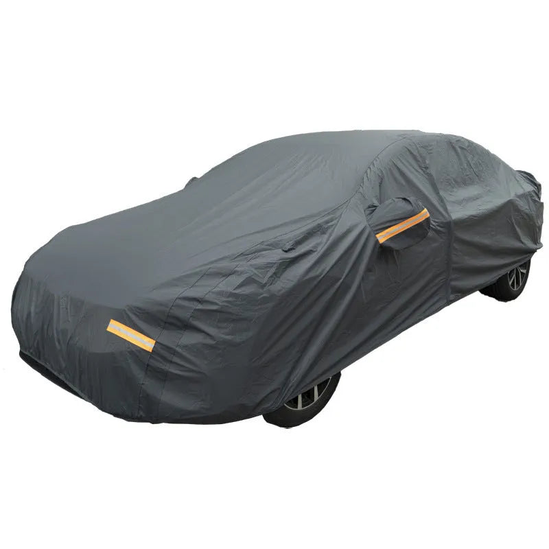 Grey PVC chemical fibre car cover for Volkswagen vehicles showing rainproof and sun protection features